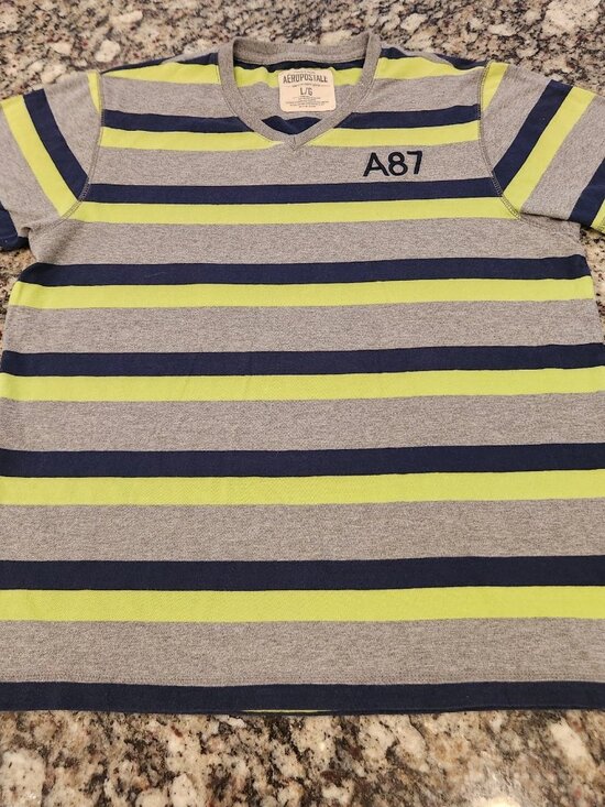 Aeropostale Other - Aeropostale T Shirt Men's L A87 Patch Logo Blue Green Gray Stripe V-Neck Tee EUC